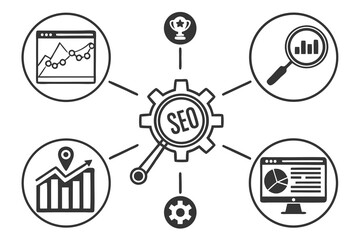 Seo strategy and digital marketing analysis concept with icons isolated on white background
