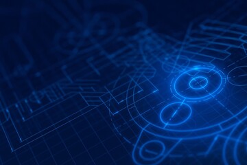 Blue Technical Blueprint Design with Geometric Shapes and Intricate Engineering Plans