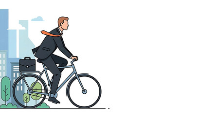 Illustration depicting a businessman commuting to work on a bicycle through the cityscape, promoting green transportation and a healthy lifestyle for professionals