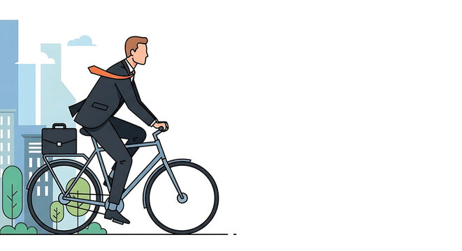 Illustration depicting a businessman commuting to work on a bicycle through the cityscape, promoting green transportation and a healthy lifestyle for professionals
