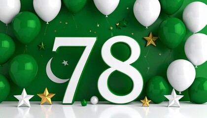"Green and white balloons surround a bold '78' with crescent moon and star, celebrating Pakistan’s Independence Day with unity, pride, and national spirit."