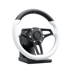 Stylish black and white steering wheel on a dark background for automotive enthusiasts