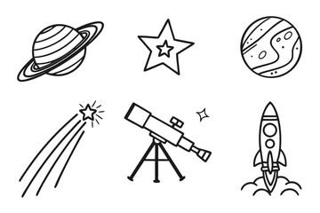 Doodle space and astronomy elements including telescope, planets, rocket, star