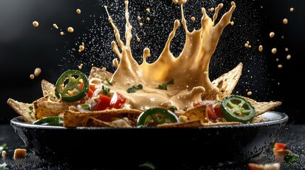 Warm cheese sauce splashing onto a bowl of nachos and jalapenos, enhancing the comfort food theme with creamy appeal, isolated on black background,
