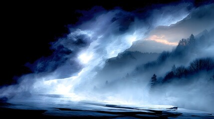 Fototapeta premium Mystic mountain fog sunrise landscape, digital art