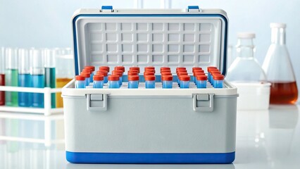 Dengue and Chikungunya Outbreak. A portable cooler filled with vials, ideal for transporting biological samples, set against a backdrop of laboratory equipment.