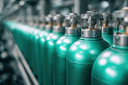 Green oxygen tanks. Bundle of gas cylinder and high pressure gauges, meter, valve. Many argon cylinders with compressed gas for industry, welding. Fuel manufacturing. Liquefied gas production, factory
