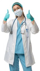 Optimistic young doctor with thumbs up wearing protective mask and gloves on bright white backdrop