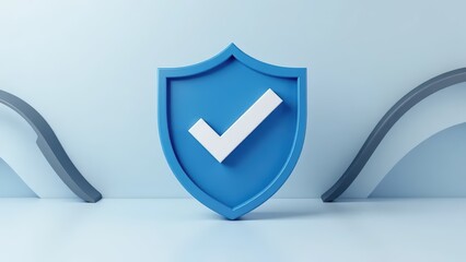 3D render of blue shield with white check mark on light gray background
