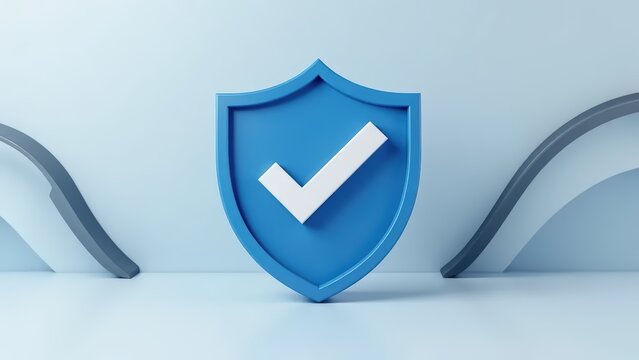 3D render of blue shield with white check mark on light gray background
