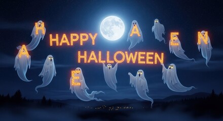 Ghosts and Glowing Letters Celebrate Happy Halloween Night Under a Full Moon