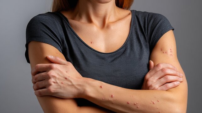 A woman with skin condition caused by Mpox virus stands with her arms crossed, conveying a sense of self-consciousness and vulnerability. - Powered by Adobe