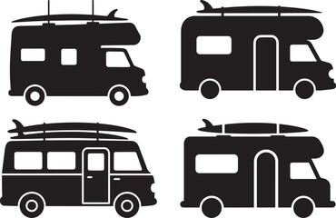 Four black camper van silhouettes with surfboards on roof racks silhouette