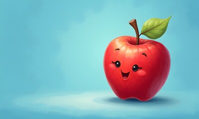 Obraz premium Happy Cartoon Apple Smiling Against a Light Blue Background