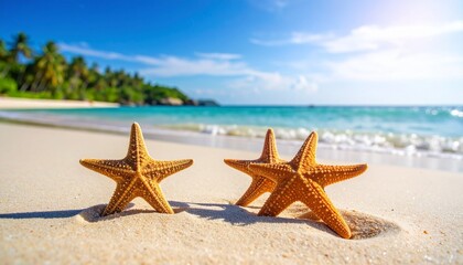 Two upright starfish on sandy beach with blue ocean, palm trees, and bright sky in background.