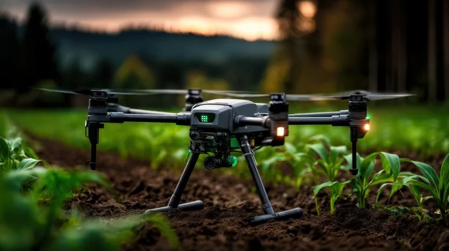 Modern Agricultural Drone Flying Above Corn for Fertilization