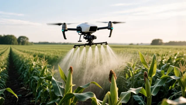 Drone in Action Over Green Corn Plants During Daytime