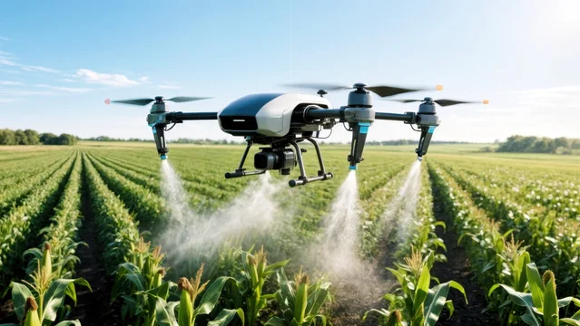 Agricultural Drone Spraying Fertilizer Over Corn Field