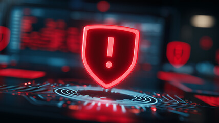 Floating Security Alert over a circuit interface, signaling anomaly and high risk. A concept of cyber defense, monitoring dashboards, and rapid incident response.