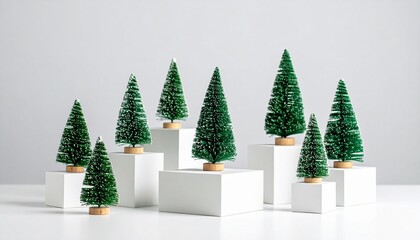 Miniature green Christmas trees on white cylindrical platforms with wooden bases, arranged by height.
