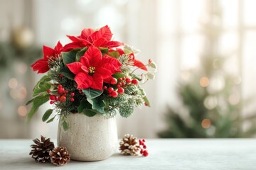 Fototapeta premium Poinsettia plant in a pot. Christmas Star flower. Festive red and golden holiday background with decorations and presents. The background is blurred. Traditional Xmas winter festive red flowers.