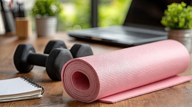 Separate areas for workout gear and productivity in a home office featuring dumbbells, a mat, and a computer