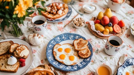 Fototapeta premium Brunch spread with eggs, toast, fruits, and coffee