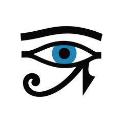 Eye of Horus Ancient Icon. This potent Egyptian emblem represents good fortune, royal authority, and overall well-being. It features a bright blue iris.