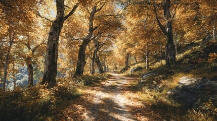 Naklejka premium Sunlit Autumn Path Through Golden Forest