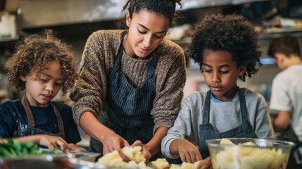 A woman and two children prepare food in a kitchen. The woman has curly hair and is wearing a sweater. The children are focused on cutting vegetables.