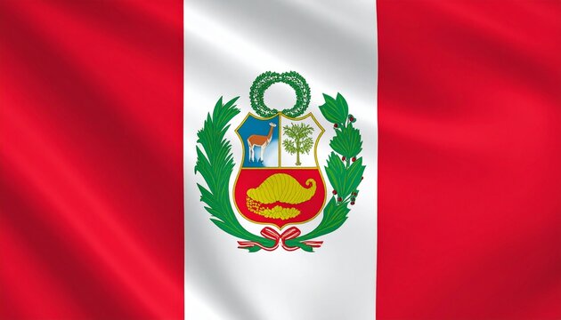 Flag of Peru with vertical red-white-red stripes and central coat of arms featuring vicu&ntilde;a, cinchona tree, and cornucopia.
