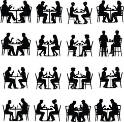 Silhouettes of couples dining together at tables, romantic restaurant scene icons, black vector illustration set