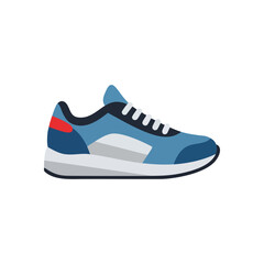 Blue Running Shoe Vector Graphic. A modern athletic footwear illustration showcasing a sleek design in various shades of navy and sky, accented with a vibrant red stripe. Represents activity and.