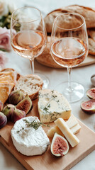 Wine cheese tasting board with rose wine glasses, artisan cheeses, fresh figs and bread on wooden platter. Perfect romantic date night, gourmet food pairing, luxury dining experience concept.