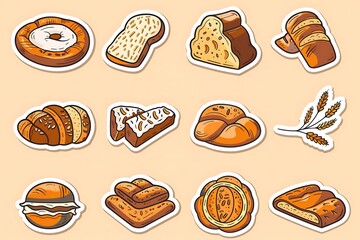 Hand-drawn bakery sticker collection: assorted breads, pastries, and wheat.