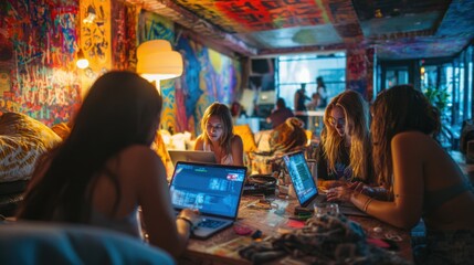 A group of young women working on laptops in a vibrant, artistic café. The walls are covered in colorful graffiti and artwork, creating a lively atmosphere.