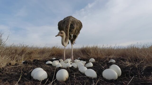 Low wide angle of a Common Ostrich (Struthio camelus) sitting on a clutch of eggs in dry savannah grassland at midday in Kenya