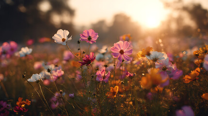 Obraz premium Delicate cosmos blossoms bathed in golden hour sunlight wildflowers pink