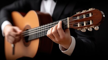 Obraz premium Musician performs soulful melody on acoustic guitar during evening concert in elegant venue