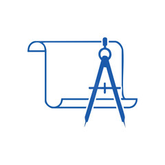 Architectural Design Tools Icon. Precision drafting instrument and a technical drawing scroll symbolize engineering, creativity, and detailed project planning.
