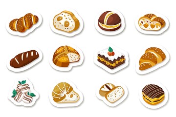 Delicious Bakery Goods:  Cartoon Style Bread, Pastry, and Cake Stickers.