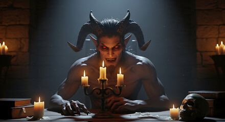 Demon with horns and red eyes seated at a table with candles and skull