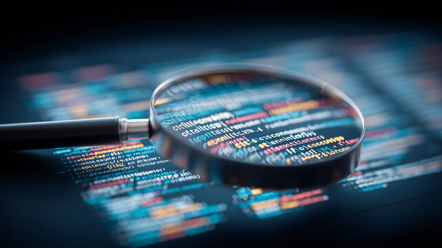 Magnifying Glass Over Source Code, representing debugging, code review, and software quality assurance that keeps systems reliable.
