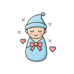 Gentle Sleeping Baby Illustration. A peaceful infant rests in a soft blue wrap, adorned with a delicate pink bow. Two hearts symbolize pure affection and new beginnings.