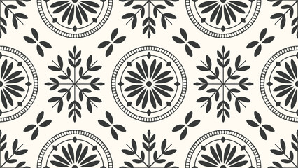 Monochrome Floral Tile Pattern Design for Home Decor Accent Fabric or Stationary Goods with Simple Botanical Ornamentation