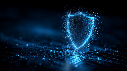 Shield Shaped by Data Particles, conveying adaptive cloud security guided by analytics and artificial intelligence.
