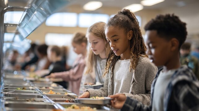 A group of children serving themselves food at a school cafeteria. The scene includes diverse kids, with a focus on a young Black boy and a young girl with curly hair.