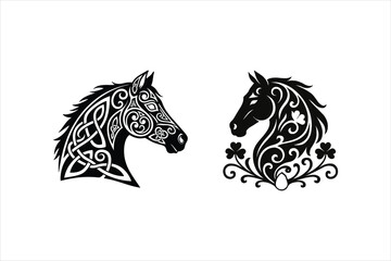 Stylized set of two horse heads with traditional Celtic knotwork and Irish shamrock ornamental decorations.