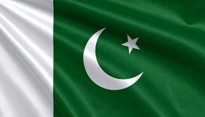 Pakistan national flag with white crescent and star on green field and white stripe.