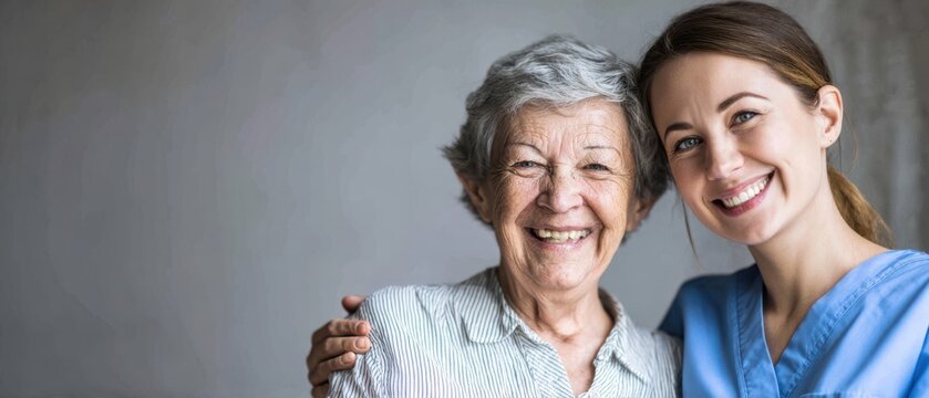 The joyful moment between a caregiver and an elderly patient smiling together.